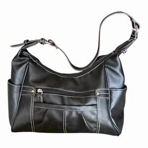 Vintage Unbranded Black Faux Leather Slouchy Hobo Shoulder Bag White Stitching